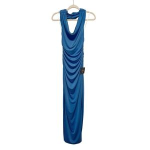 NWT Lulus Royal Blue Cowl Neck Ruched Open Back Halter Maxi Dress Small